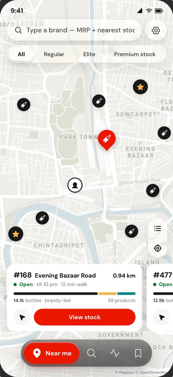 Sarakku Near me screen: TASMAC shops around you on a map, the nearest one open till 10 pm