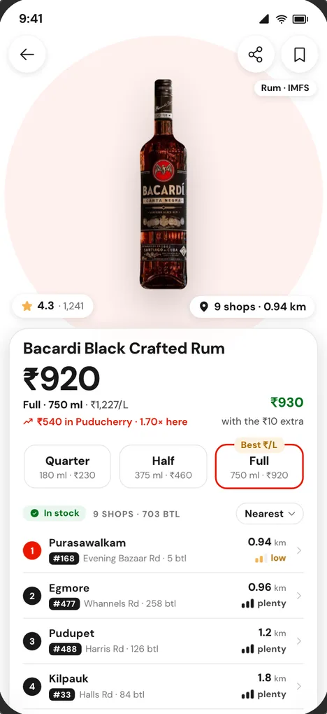 Sarakku product screen: Old Monk Gold Reserve Full, MRP ₹920 plus the ₹10 deposit, ₹930 at the counter
