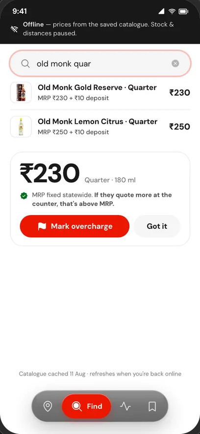 Sarakku offline: prices from the saved catalogue answer with no signal