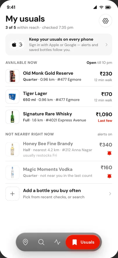 Sarakku Usuals screen: your saved bottles, in stock or not, nearest shop named